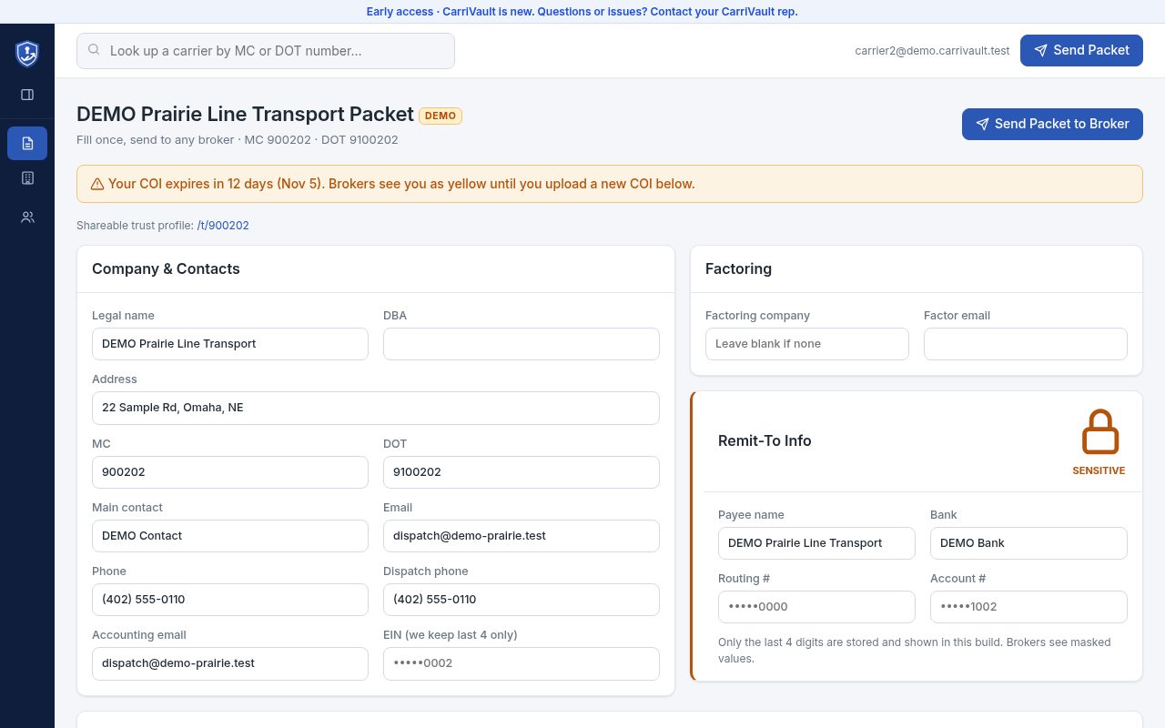 Carrier packet showing an insurance expiry warning